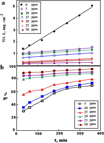 Figure 3. Relation between time of immersion for C-steel in 2.0 M HCl and (a) weight loss, (b) Inhibition efficiency, at different concentrations of MA-amido surfactant.