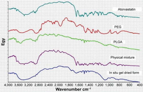 Figure 1 Fourier transform infrared spectra of atorvastatin, PEG, PLGA, physical mixture, and the dried in situ gel formulation.