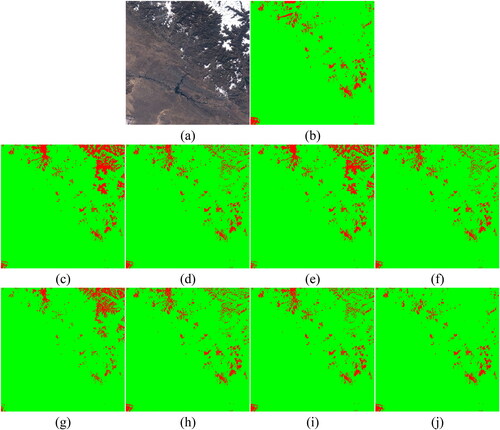 Figure 22. Altay (China) (a) True Color image, (b) Manual reference mask, generated cloud mask by: (c) RF with traditional texture features (d) RF with deep features (e) XGBoost with traditional texture features (f) XGBoost with deep features, (g) SVM with traditional texture features, and (h) SVM with deep features, (i) Resnet, and (j) CD-FM3SF-4.