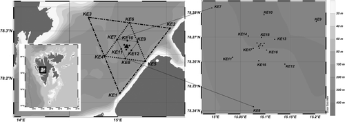 Figure 1. Sampling area with inserted overview map of Svalbard (left bottom corner). Broken and dotted lines indicate the first two nested triangles. The third triangle (KE7–9) represents the area enlarged on the right panel, within which five more matrushka-like triangles are located (but not outlined on the map).White dot indicates approximate location of little auk colony.