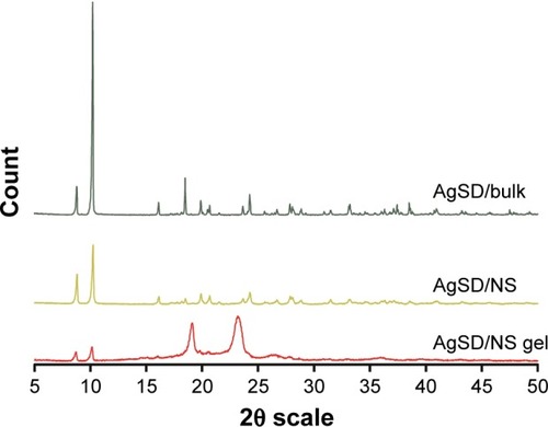 Figure 6 X-ray diffractograms of samples of AgSD bulk (AgSD/bulk), AgSD/NS, and AgSD-loaded thermoresponsive hydrogel (AgSD/NS gel).Abbreviations: AgSD, silver sulfadiazine; NS, nanosuspension.