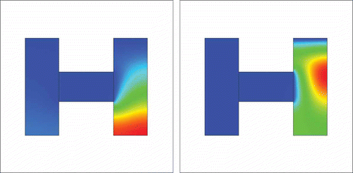 Figure 7. Two inflow sources xTi,yTi=(35,190) and xTi,yTi=(215,190) with perpendicular velocity and 150 time-steps, with the ratio between C and Ti equal to 3.6.