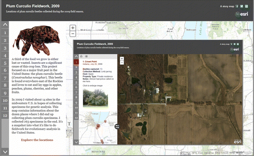 Figure 5 An example of an Esri Story Map created by one of the Map MOOC students for the final peer-evaluated mapping project. The map highlights agricultural pest fieldwork that a student had completed in a range of locations in the state of Indiana.