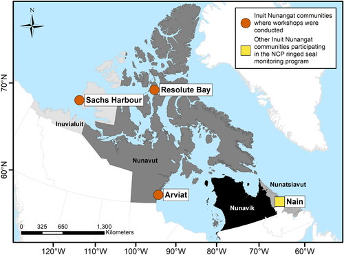 Figure 2. Inuit Nunangat communities participating in the NCP ringed seal monitoring program and locations of school workshops held in 2016 and 2018.