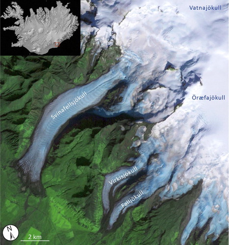 Figure 1. Virkisjökull-Falljökull and Svínafellsjökull glaciers, outlets of the Öræfajökull ice cap at the southern extremity of Vatnajökull, with Iceland inset.