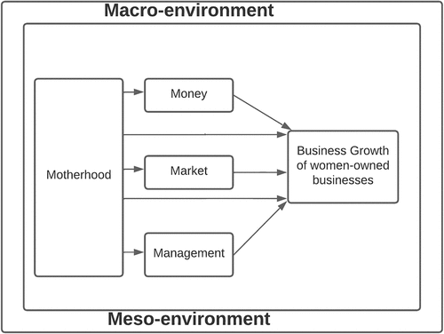 Figure 1. Proposed theoretical framework of the factors that determine the growth of female-owned enterprises generally.