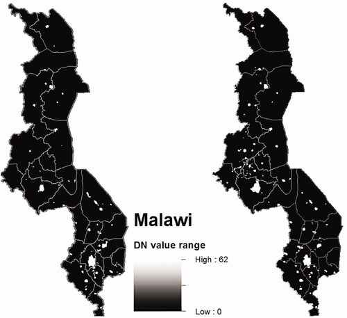 Figure 4. Nighttime images for Malawi in 1999 (left) and 2010 (right).