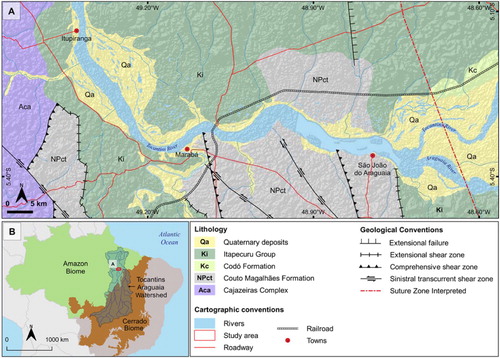 Figure 1. Geological setting of the middle Tocantins River, including the study area. (A) Main geological units of the area include high-grade metamorphic rocks of the Cajazeiras Complex, low-grade metamorphic rocks of the Couto Magalhães Formation, sedimentary deposits of the Itapecuru Group and Codó Formation (CitationVasquez & Rosa-Costa, 2008). (B) Location of the study area near the boundary between the Amazon and Cerrado biomes.