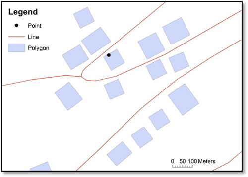 Figure 2. A map displaying a point, lines, and polygons. Reproduced with permission of Swisstopo (BA13016).