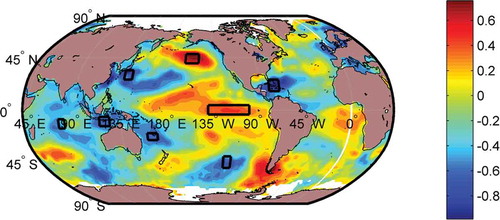 Figure 3. Differences in mean SST anomalies during dry events (SPAI-3 < −0.8) and wet events (SPAI-3 > 0.8) at 3-month temporal scale. Possible representative zones are shown in rectangles.