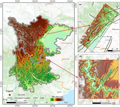 Figure 1. Geographical locations of (a) the Wenchuan and (b) Ludian earthquake.