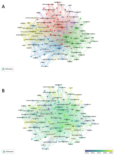 Figure 4 The mapping on keywords related to perioperative analgesia research. (A) 129 keywords were divided into 5 groups by different colors (group 1: Red, group 2: Green, group 3: Blue, group 4: Yellow, group 5: Purple) with the minimum co-occurrence times of 30. The size of the node represents the co-occurrence frequency and the closeness of the co-occurrence relationship with other keywords. (B) Visual network map of keywords according to the APY. The more yellow the node is, the later the keyword occurrences.