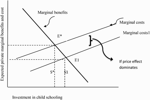 Figure 2: Expected private marginal benefits and costs for investment in children's schooling (if price effect dominates)