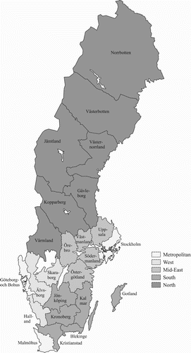 Figure 1. Map of the Swedish counties and regional division. Note: Own map created using GIS-software.