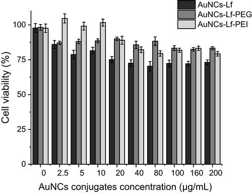 Figure 10 Cell viability of PC-3 prostate cancer cell treated with AuNCs-Lf, AuNCs-Lf-PEG and AuNCs-Lf-PEI at various concentrations (n=15).