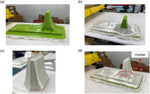 Figure 20. (a) 3d Printed seat base plug on which the preform will be draped, (b) first part of the preform draped on the seat base plug, (c) second part (foot) of the seat base preform, and (d) completed draping of preform on the plug with an overlapped section.