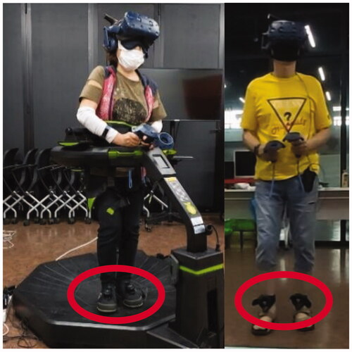 Figure 1. The Virtuix Omni and HTC Vive tracker used in the experiments. The red circles on the left and right indicate the IMU sensor used for Virtuix Omni and the HTC Vive tracker.