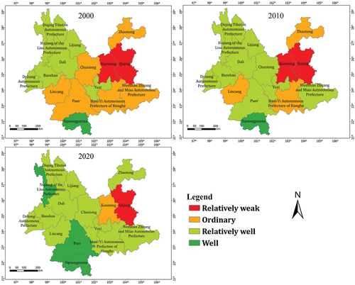 Figure 6. Spatial and temporal changes of ecosystem health in Yunnan Province during 2000–2020.