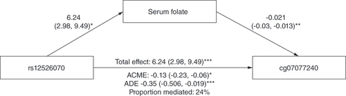 Figure 4. Mediation analysis to evaluate if serum folate was a mediator between rs12526070 and cg07077240. Data are effect sizes (95% CI).ACME: Average causal mediation effects; ADE: Average direct effects.*p < 0.001; **p < 1 × 10-5; ***p < 1 × 10-10.