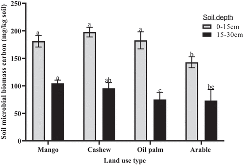 Figure 6. Soil microbial biomass carbon in the land use types at the 0–15 and 15–30 cm depth. Bars with different alphabets are significantly different from one another (Tukey HSD, p<0.05).