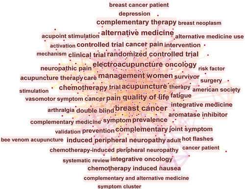 Figure 7 Co-occurrence map of keywords for acupuncture therapy for cancer pain.
