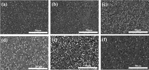 Figure 2. SEM Image for different Ni:W ratio in Ni-W/diamond composite coatings fabricated at 75 °C, 0.15 A/cm2 current density,10 g/L diamond concentration and 8.9 pH (a) 0.22 (b) 0.35 (c) 0.42 (d) 0.75 (e) 1 (f) 2.
