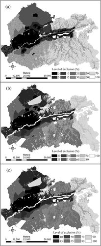 Figure 3. Excluded layers for (a) accelerated urban development (AUD), (b) managed urban development (MUD), and (c) limited urban development (LUD).