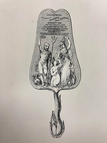 Figure 4. Joseph Mayer’s design for a ceremonial trowel for the start of construction on the Birkenhead dock. LRO 920 MAY, Box 3, Acc. 2528. Courtesy of Liverpool Central Library and Archives.