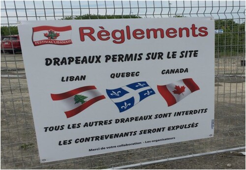 Figure 2. Sign at the entrance of the 2018 ‘Festival Libanais de Montréal’. It reads: ‘Regulation. Authorized flags on the site: Lebanon; Quebec; Canada. All other flags are forbidden. Offenders will be expelled. Thank you for your collaboration, the organizers.’ Photo: B. Lefort (2018).