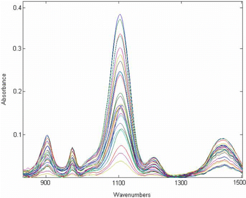 Figure 2.  ATR-FTIR spectra of 25 different three components standard solutions with concentration range of 0.25– 2.89, 0.20–2.49, and 0.2912–1.2010 g/100 g for STPP, SC, and SS, respectively (water as the reference).
