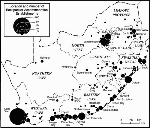 Figure 2. The geographical distribution of suppliers of backpacker accommodation, by locality