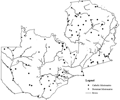 Figure 3. Protestant and Catholic missionary churches in Northern Rhodesia, 1948.