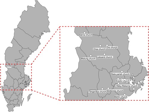 Figure 1. The map of Sweden with the geolocation of the analysed churches. The dots represent the geolocation of the churches, and the text below is the name of the respective churches.