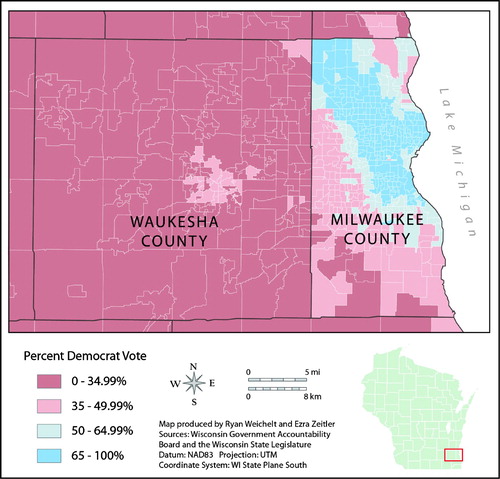 Figure 3. Portion of the statewide voting district map (Main Map) that illustrates support for Democratic candidate Tom Barrett in Waukesha and Milwaukee Counties in the 2010 gubernatorial election. Source: Wisconsin Government Accountability Board and the Wisconsin State Legislature.