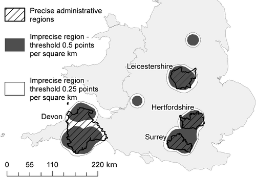 Figure 2. Four precise regions and actual boundaries for two threshold values of derived polygons.