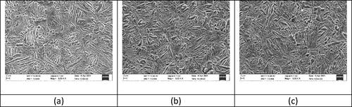 Figure 3. Microstructure of (a) normalised and hardened Pinnay oil quench (b) normalised and hardened blend oil quench (c) normalised and hardened Karanja oil quench at austenitising temperature of 920 °C.