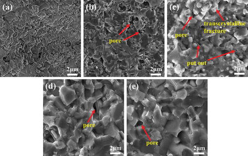 Figure 5. SEM of the sample containing 5 wt % CeO2 sintered at 1300°C-1500°C for 2 h: (a) 1300°C; (b) 1350°C; (c) 1400°C; (d) 1450°C; (e) 1500°C.