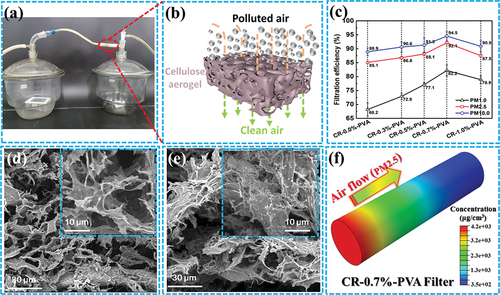 Figure 5. A) Homemade device for particulate pollutant filtration test; b) Schematic of cellulose aerogel filtering particulate pollutants; c) Filtration efficiency of CR-n %-PVA for particles pollutant with different particle diameter; d-e) the micromorphology before and after filtration of CR-0.7%-PVA, respectively; f) Simulation of cellulose aerogel filtrated PM 2.5 (filtering for 5 min).