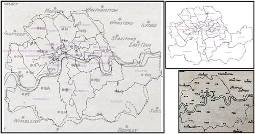 Figure 3. Composite map (left) of London’s civil administrative boundaries in 1881 (right, top) and 1914 telephone exchange locations (right, bottom).