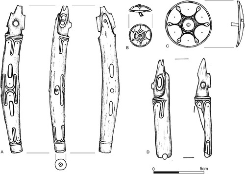 Figure 6. Drawings of A, D) antler cheekpieces and B–C) knobs from Horse 1.