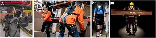 Figure 2. Examples of current exoskeletons: (a) a passive and rigid arm-support exoskeleton used by a worker in a car assembly line [Citation13] (reprinted with permission of Taylor and Francis), (b) a passive and soft lower back supporting exoskeleton used by male and female workers in a warehouse (image courtesy of Herowear), (c) an active and rigid lower body exoskeleton used by an individual recovering from stroke [Citation31], and (d) an active full-body exoskeleton enabling a worker to hold a 200 pound weight (source: Sarcos Technology and Robotics Corporation).