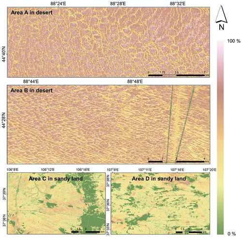 Figure 8. Biological soil crust coverage distribution map in the four study areas.