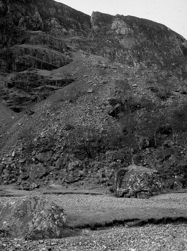 Figure 8 The Coire Gabhail rock avalanche, Glen Coe. Failure of rhyolitic lavas about 1800 years ago resulted in the formation of a huge talus cone