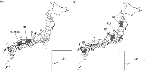 Figure 3. Origin of representative sake yeast strains. (a) Prefectures where old yeast strains were isolated (Kyokai yeast strains No. 1–5), (b) Prefectures where new yeast strains were isolated (Kyokai yeast strains No. 6, No. 7, No. 9 and No. 10).