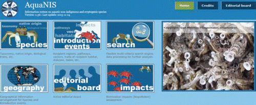 Figure 2. Front page of an integrated information system on aquatic non-indigenous and cryptogenic species, AquaNIS (corpi.ku.lt/databases/aquanis). Although developed to store biological invasion data from European and neighboring regional seas, AquaNIS has the capacity to accommodate information from other global marine and freshwaters.