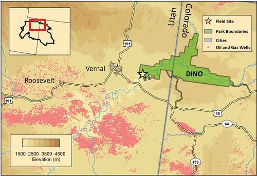 Figure 1. Map showing the study region, including the monitoring site, nearby population centers, oil and gas wells, and major roads. DINO is located near the edge of oil and gas activities. In the inset, an outline of the larger Uinta-Piceance boundary is shown in black.