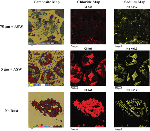 Fig. 11. Post-exposure exemplar EDS maps prior to removal of corrosion products and residual salts and dust for 300 μg/cm2 of sea salt and 300 μg/cm2 of SIL-CO-SIL 75 dust with composite, Cl, and Na maps shown.