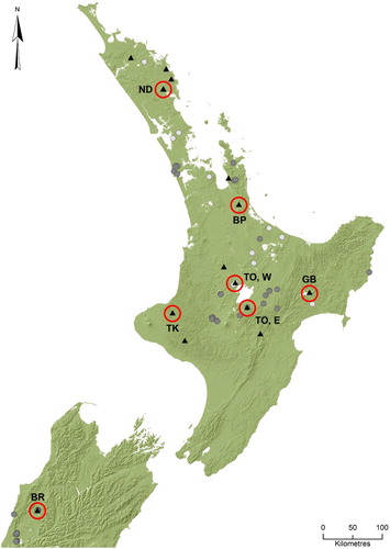 Figure 1. Distribution records for Siphlaenigma janae. Dark-grey points indicate locations of specimens held in national collections (1960–2003), light-grey points indicate locations of specimens recorded by State of Environment monitoring (2005–2010) and black triangles indicate locations of specimens collected by the authors (2011–2017). Red circles with corresponding codes indicate locations for which DNA analysis was undertaken in this study.