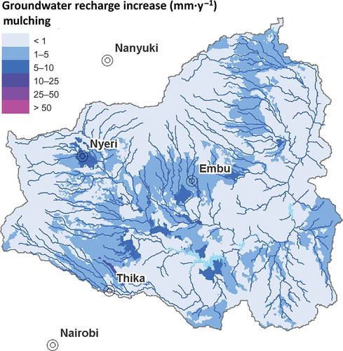 Figure 3. Spatial expression of the increase of recharge, as compared with the baseline scenario, following mulching.