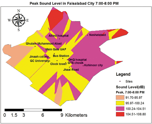Figure 26. GIS map of peak sound level data (7–8 pm).